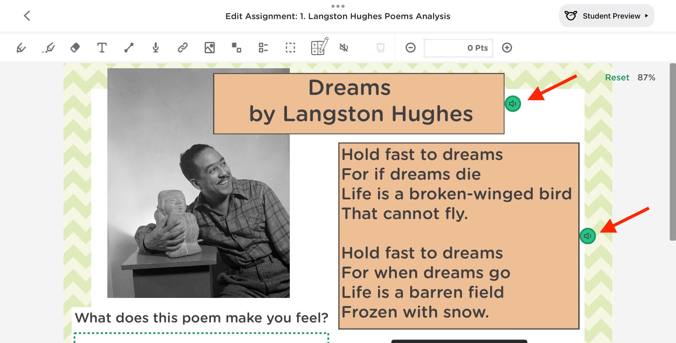 iPad assignment slide showing green Speaker icons next to supported text areas.