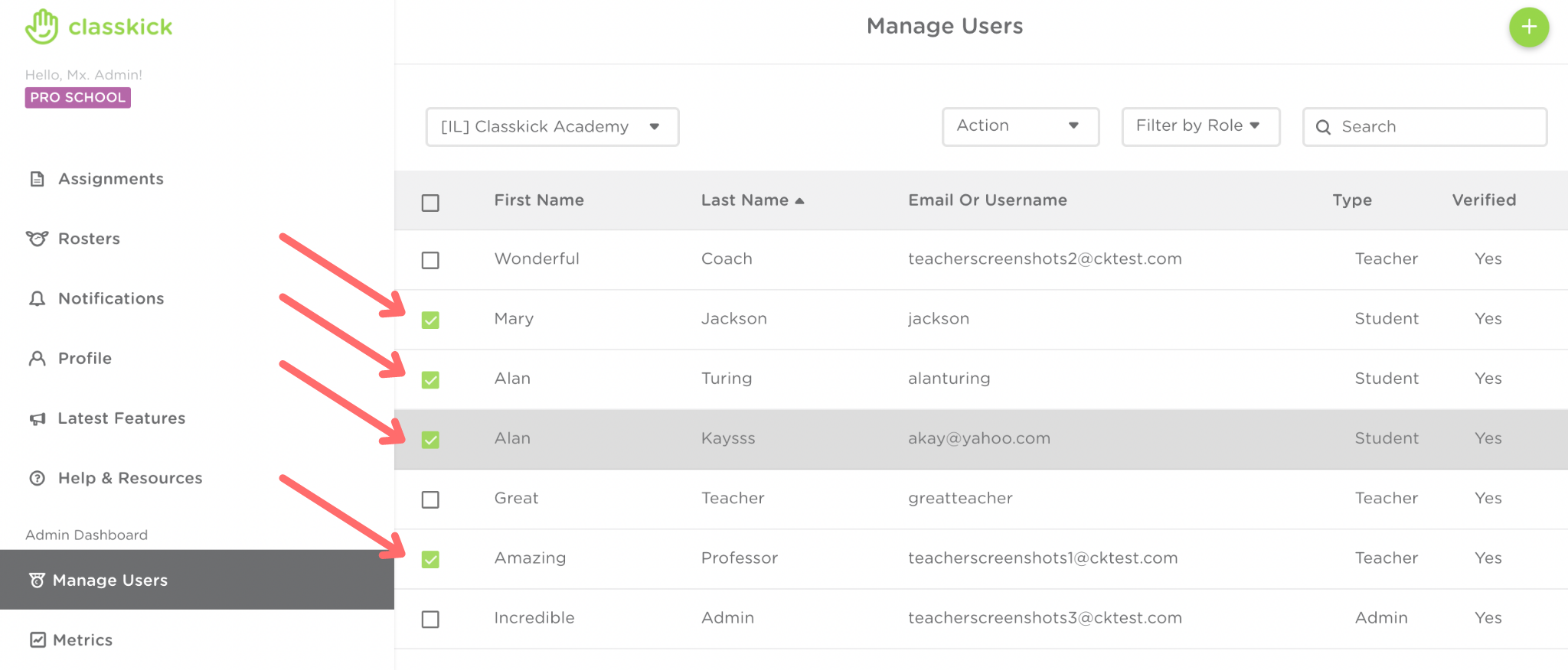 The manage users view in the admin dashboard. Multiple red arrows point to selected checkboxes next to users' names.