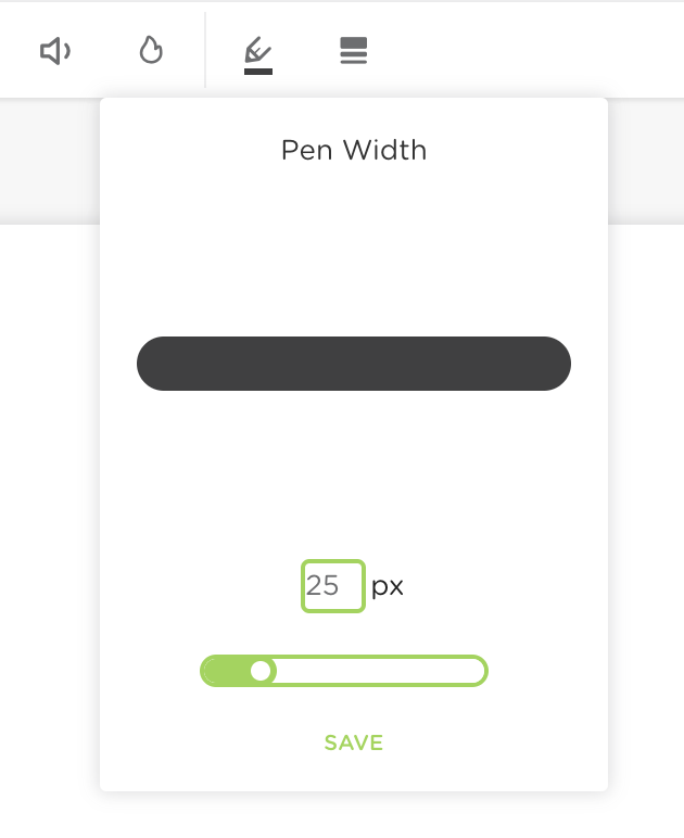 A screenshot of the pen width adjuster. The adjuster has a slider bar and text box to alter the width of the pen.