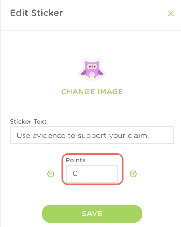 The Edit Sticker window. Zero is typed into the Points box.
