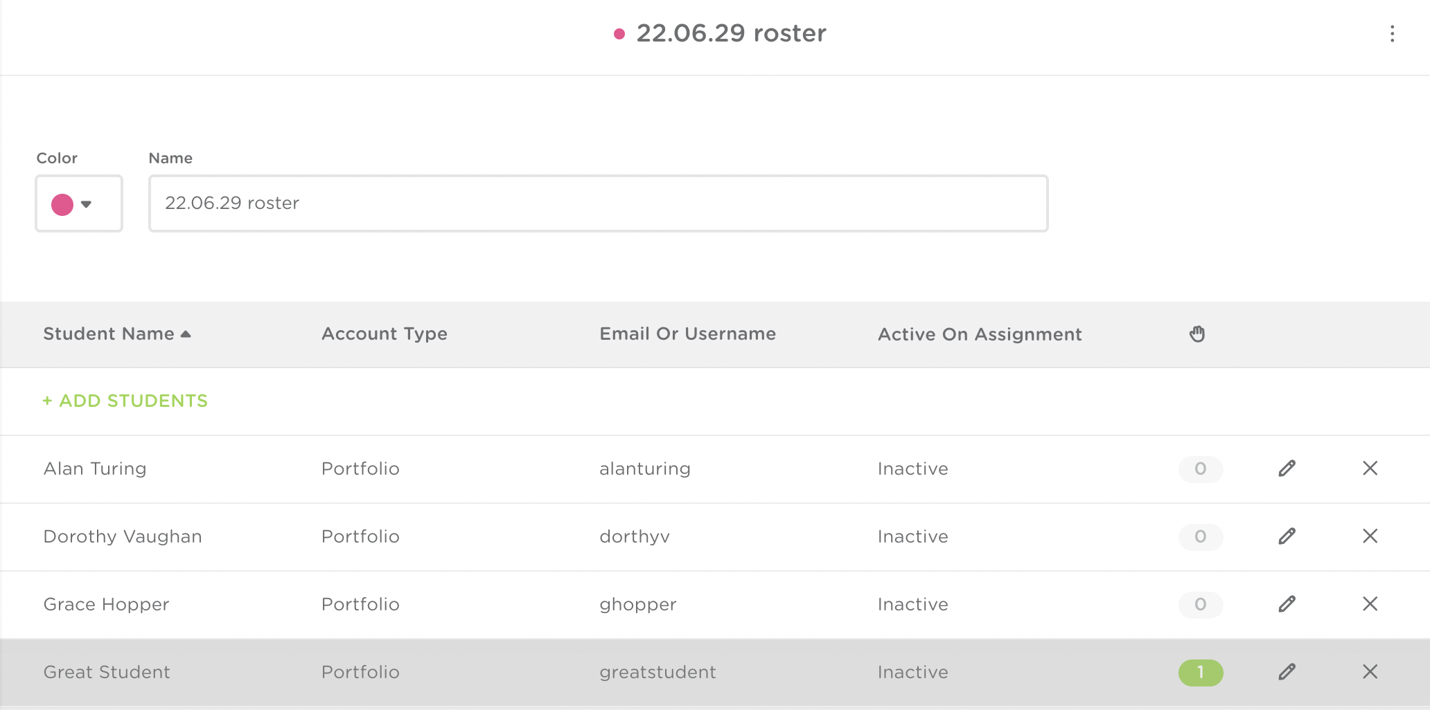 the view of a roster. a student's name is highlighted in gray on the bottom of the roster.