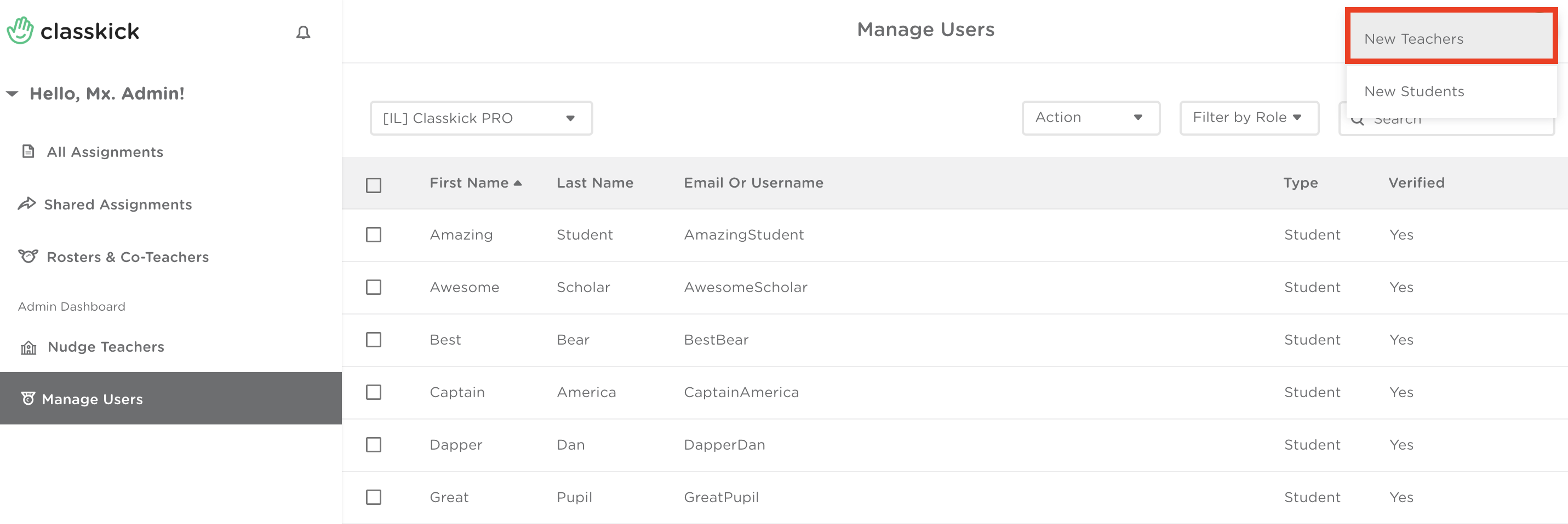 The Manage Users dashboard is shown for the admin account. The top right corner shows the Add Teachers option