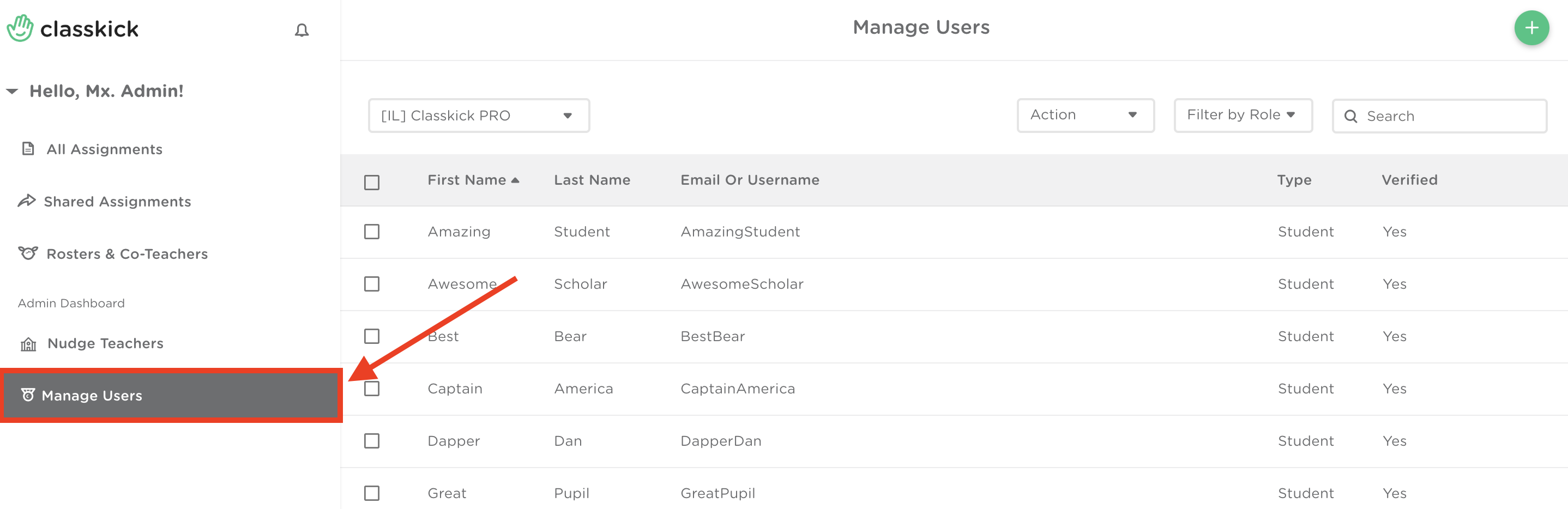 Image of the Admin Dashboard with the Manage Users tab in the left-hand menu highlighted