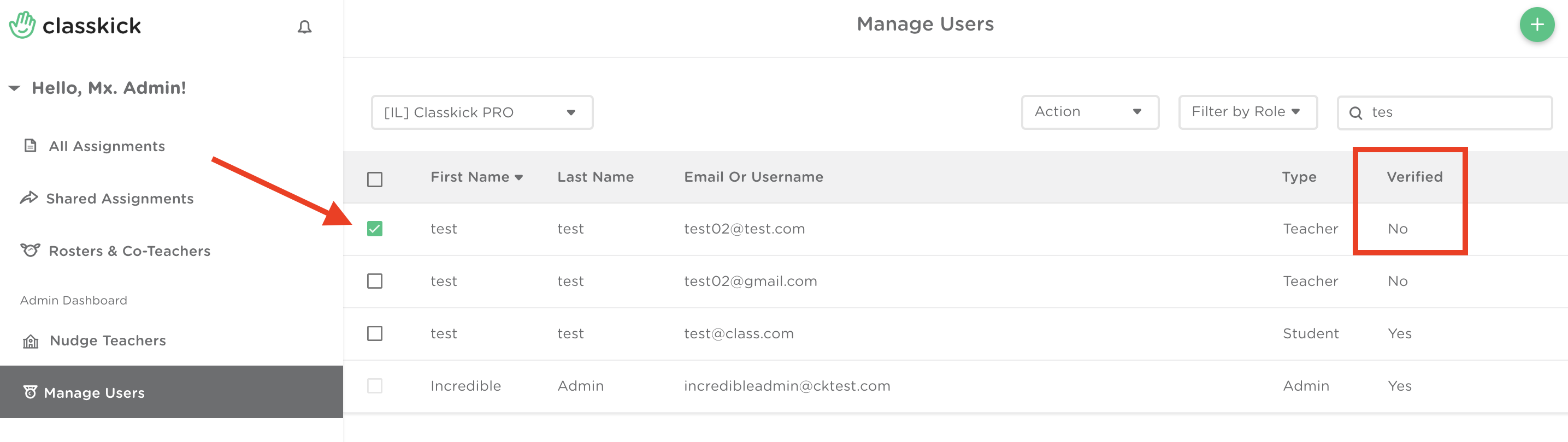 Admin Dashboard showing a teacher who is not verified