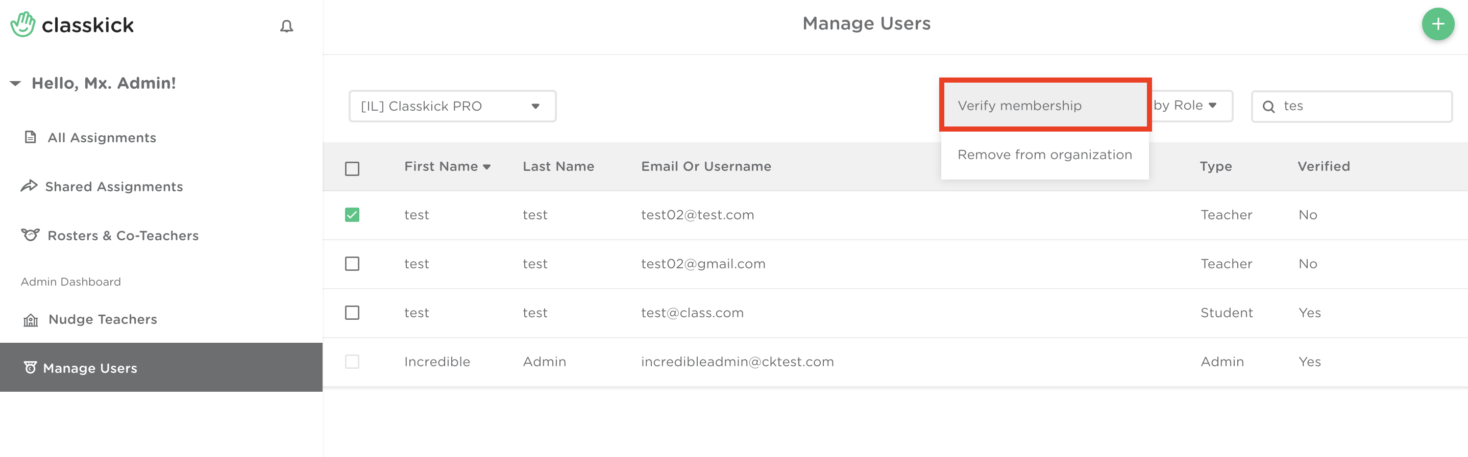 Admin Dashboard showing the unverified teacher checkmarked and the dropdown menu showing where the admin can verify the teacher