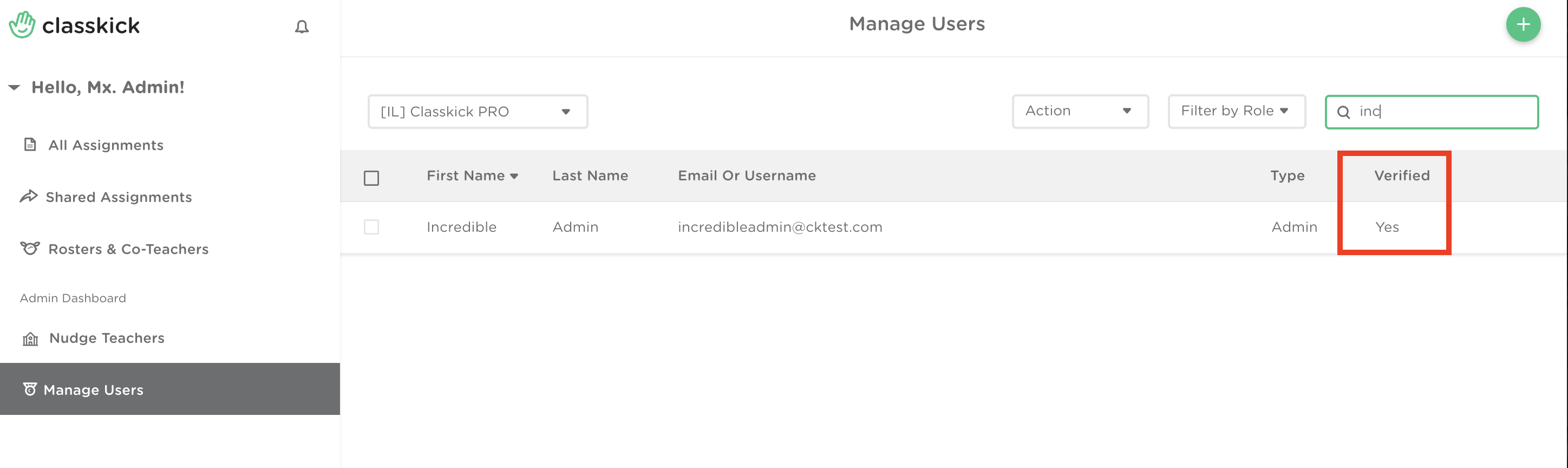 The dashboard shows the admin highlighted and shows that they are verified