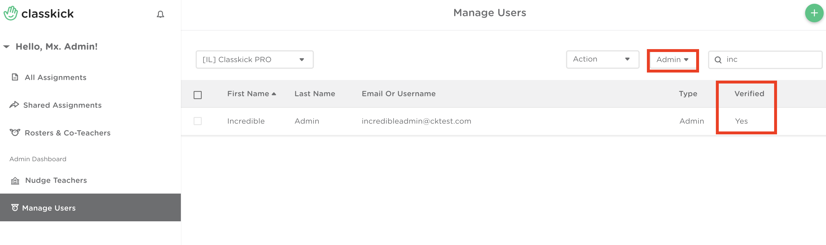 The dashboard shows the user view is filtered to show admin only. The admin highlighted and shows that they are verified