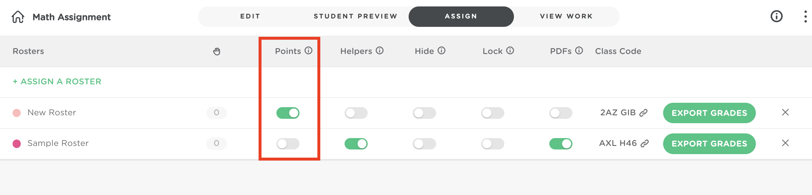 The Points feature is highlighted on the Assign Tab. The toggle has been turned on for New Roster and appears green, but is turned off and gray for Sample Roster.