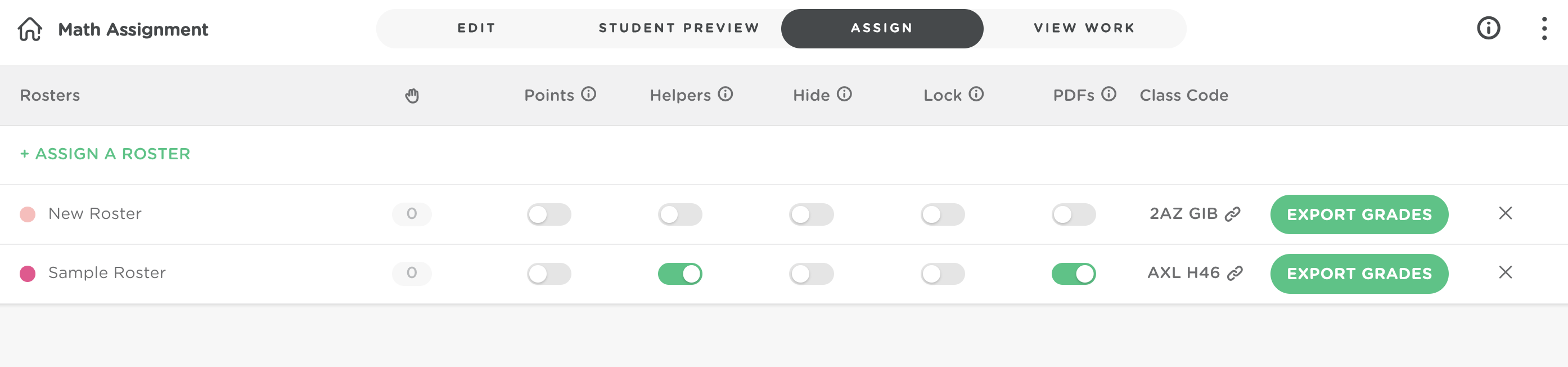 Image of the Assign Dashboard of the assignment. There are two rosters assigned to the Math assignment and the assignment feature toggles are shown with Helpers and PDFs turned on for the Sample Roster.