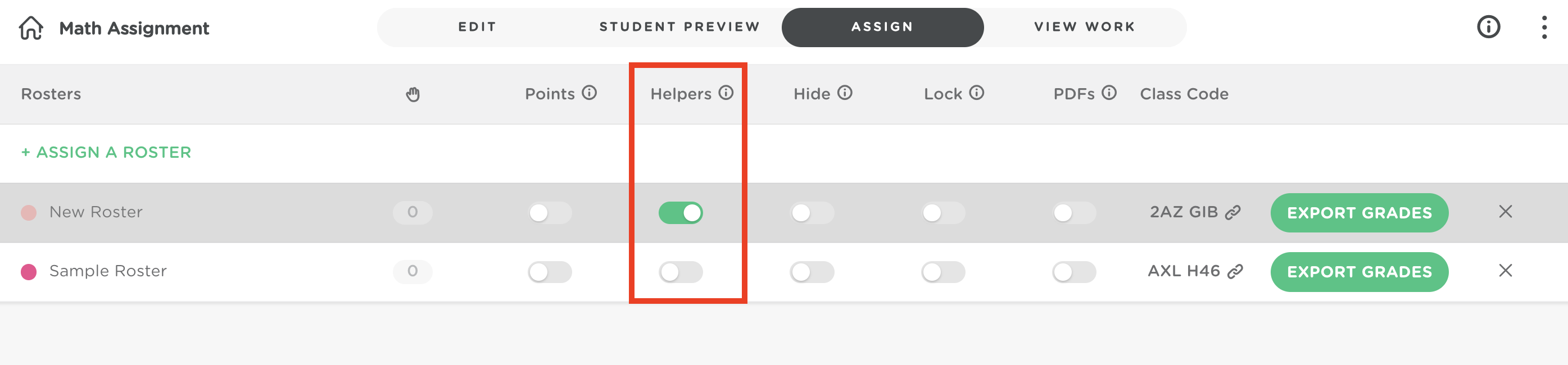 Peer Helpers is highlighted on the dashboard and is toggled on for the New Roster, but toggled off for the Sample Roster.
