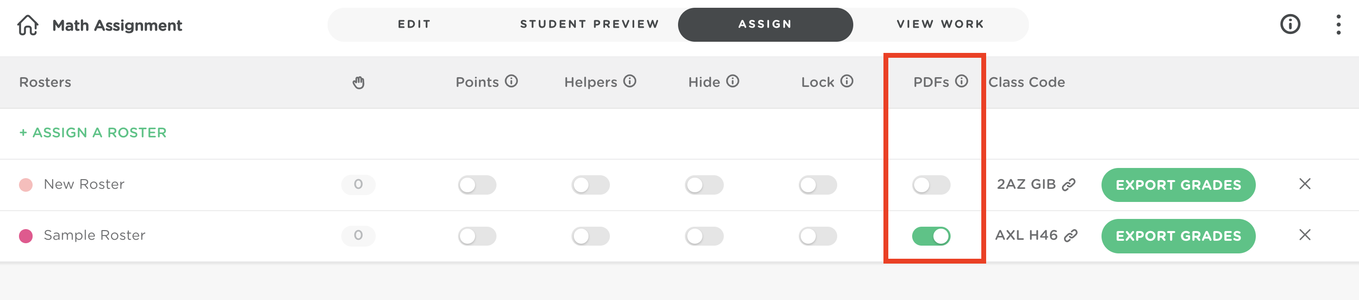 The PDFs feature is highlighted on the Assign Tab. The toggle has been turned on for Sample Roster and appears green, but is turned off and gray for New Roster.