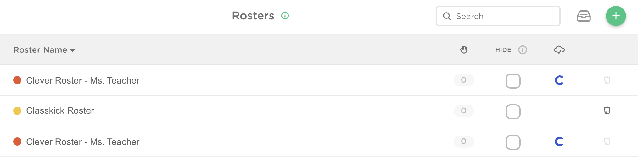 Roster dashboard page showing the Clever C icon for the Clever rosters