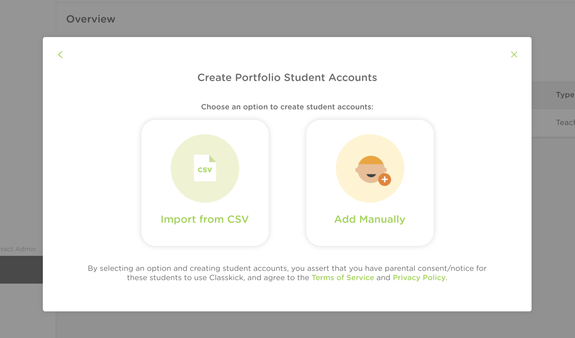The pop up window to create portfolio student accounts. Two buttons appear on this pop up that read import from cdv and add manually.