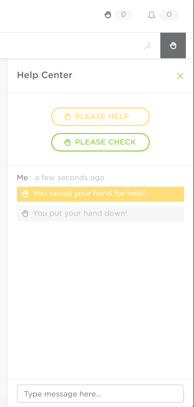 the help center menu is open. Hand icon is highlighted in grey. 