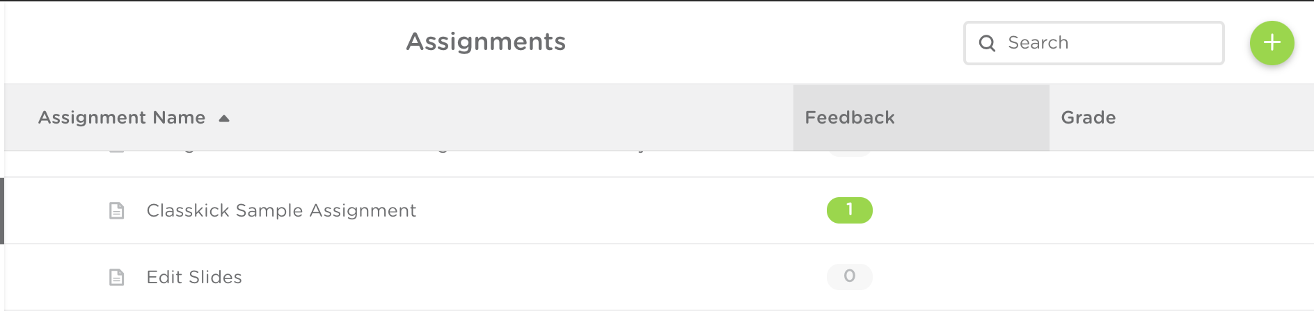 assignment tab is open. A green filled oval with the number 1 in it is visible on an assignment. This shows the user feedback has been left.