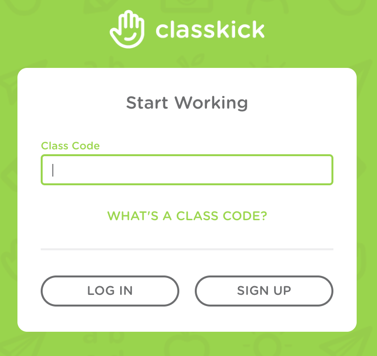The Classkick log in screen. The Class Code box is shown.