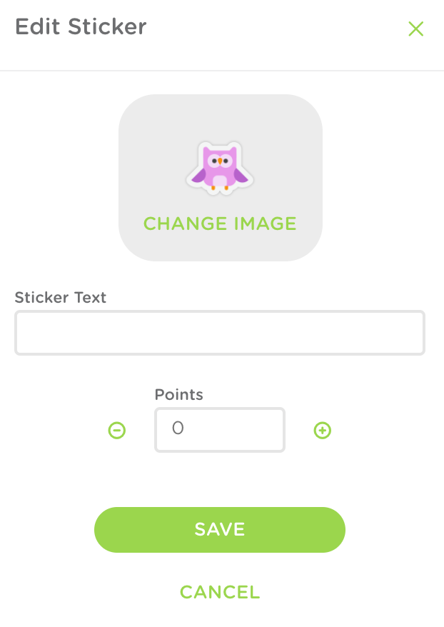 The edit sticker window. An example sticker with the text Change Image is highlighted at the top of the window.