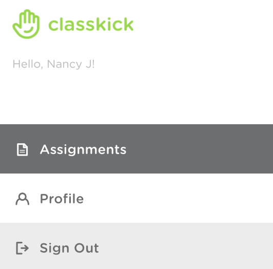Student dashboard, showing Assignments, Profile, and Sign Out.