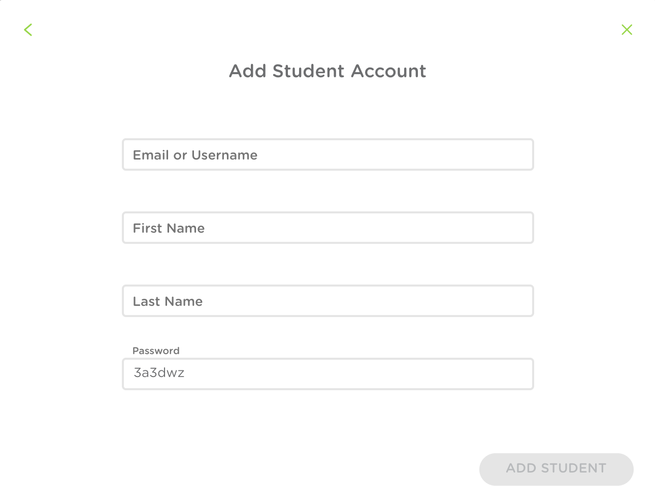 The Add student account information window.