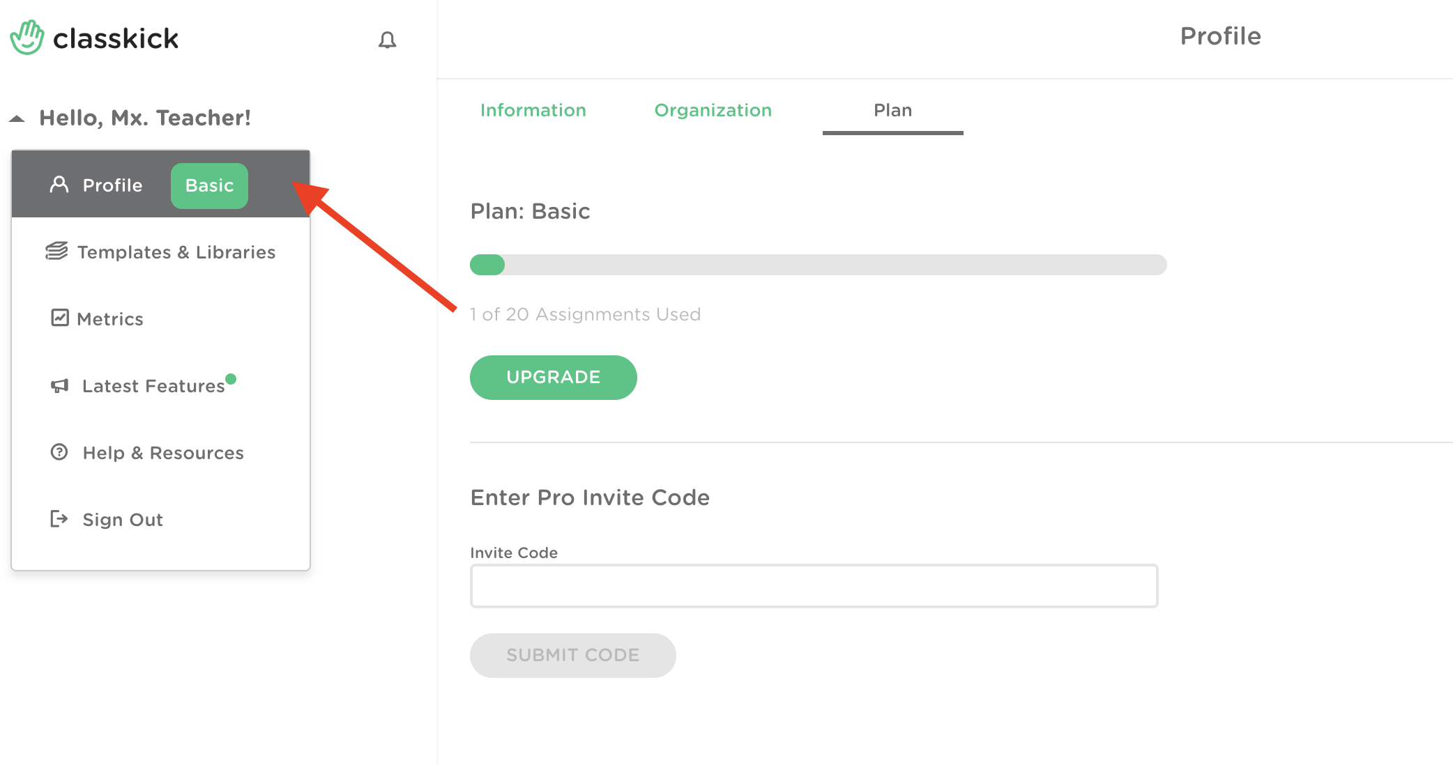 The plan page is highlighted. An arrow points to the Profile section for where to click and the page is on the plan tab.