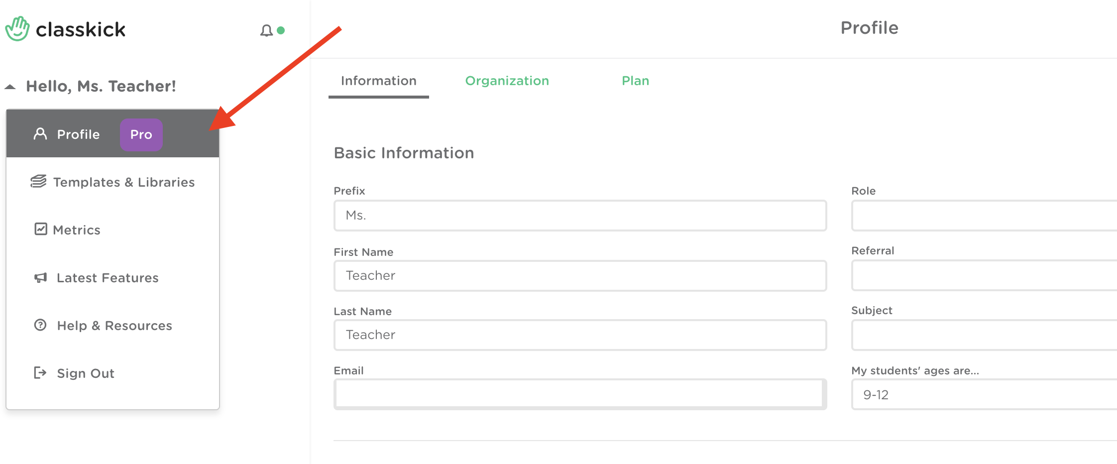 The teacher page shows an arrow pointing to the Profile tab.