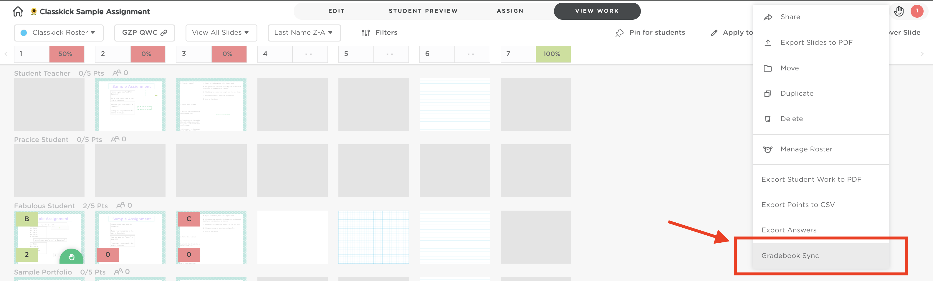 Assignment View Work page with the More Options menu open. The Gradebook Sync option is highlighted at the bottom of the menu.