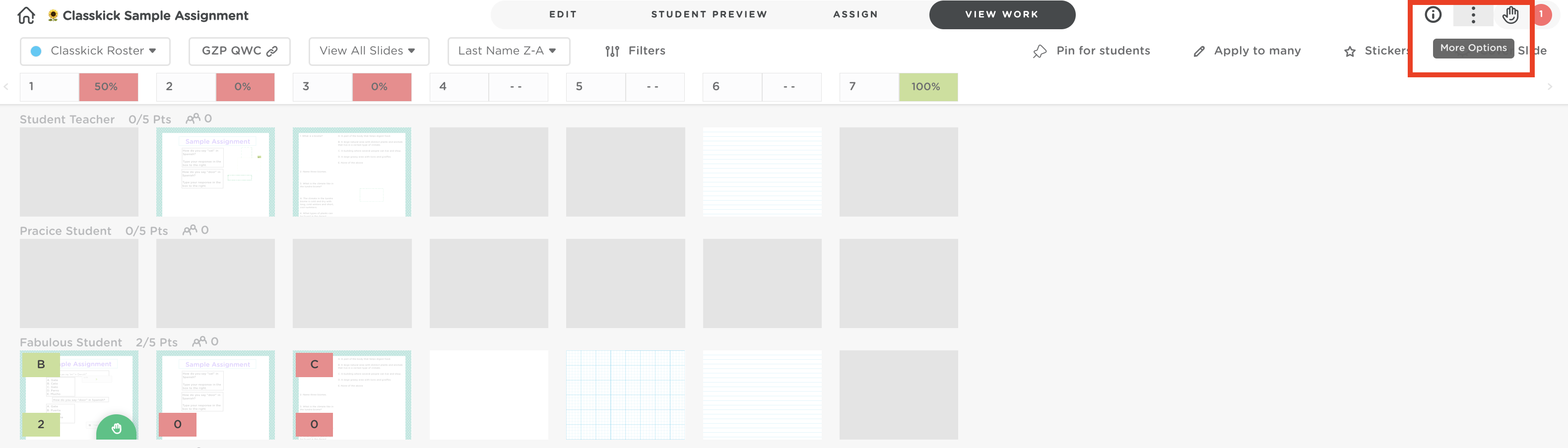 Classkick assignment View Work page showing student slide thumbnails. The More Options (three vertical dots) menu in the top-right corner is highlighted.