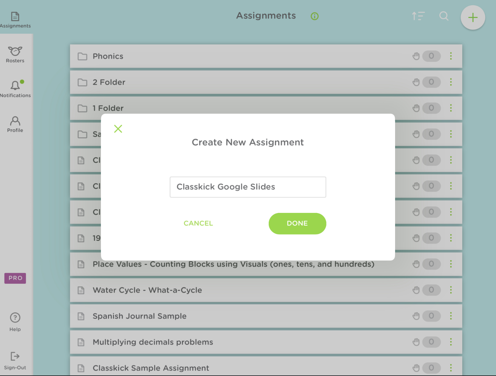 The create new assignment pop up window on the Classkick App. The user has titled this assignment Classkick Google Slides.