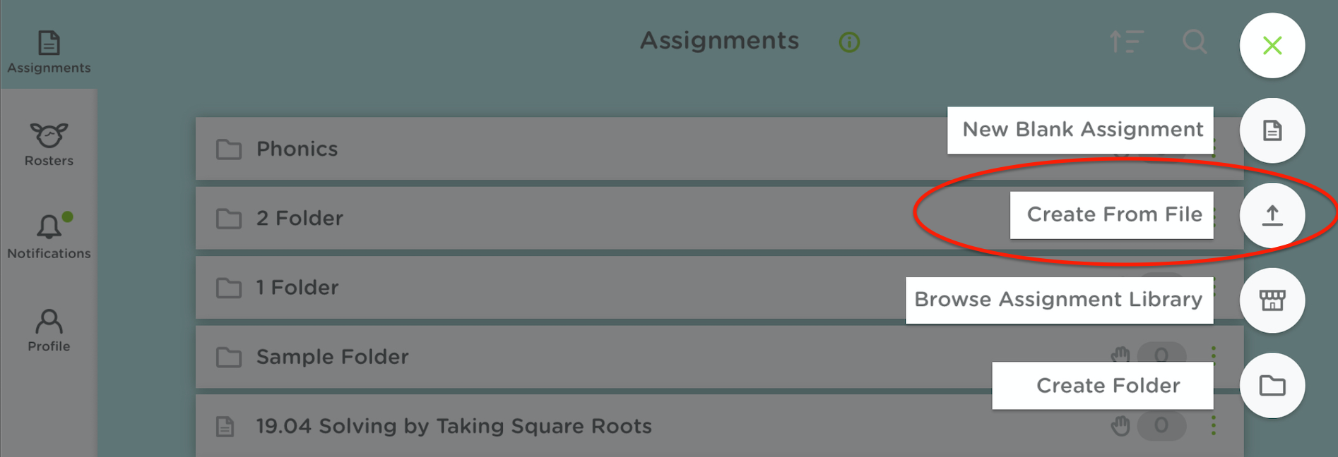 The Classkick app screen. Create from file is circled in red on the right hand side.