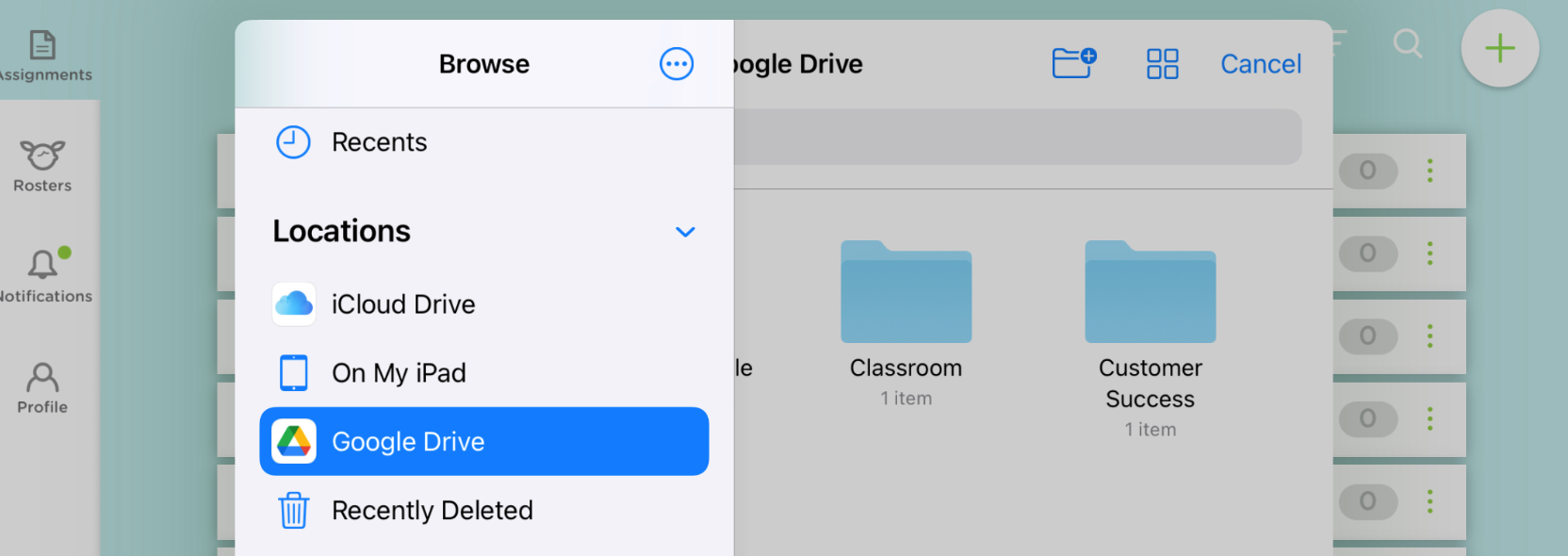 The locations folder in an iOS device. Google Drive is highlighted in blue.