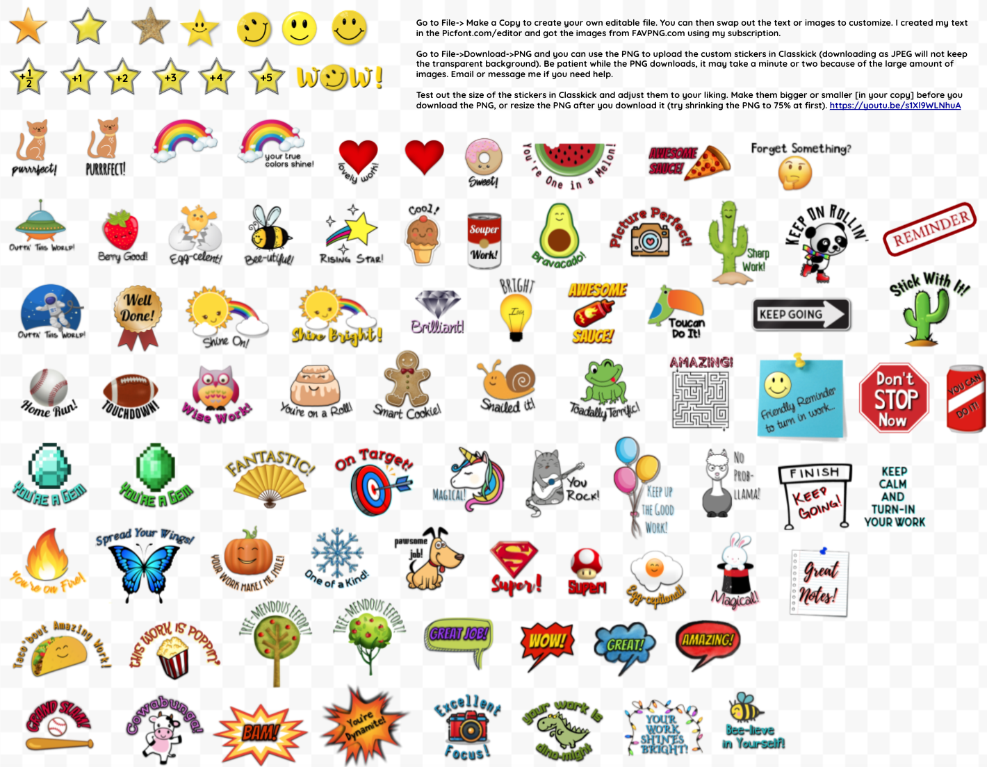 A sheet of usable stickers created by a Classkick teacher.
