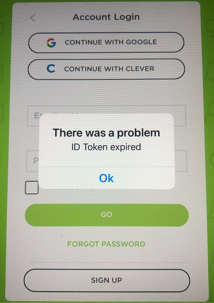 The login screen for Classkick app on iPad. The pop up error reads there was a problem id token expired.