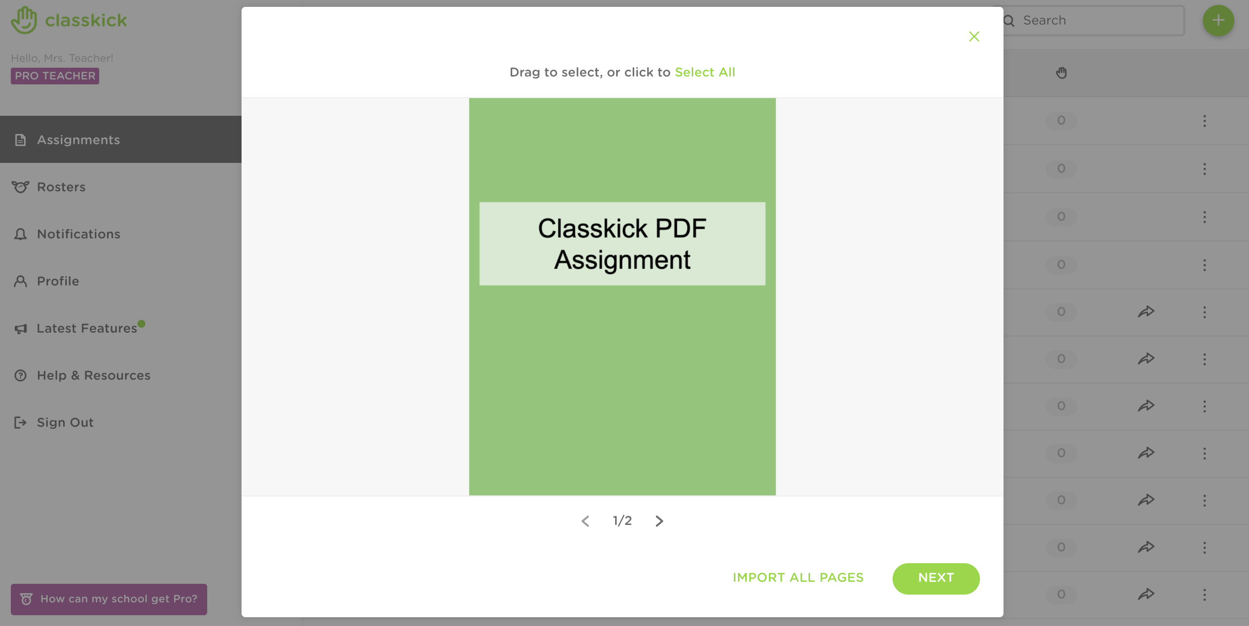 The import file screen on Classkick's create from file feature.