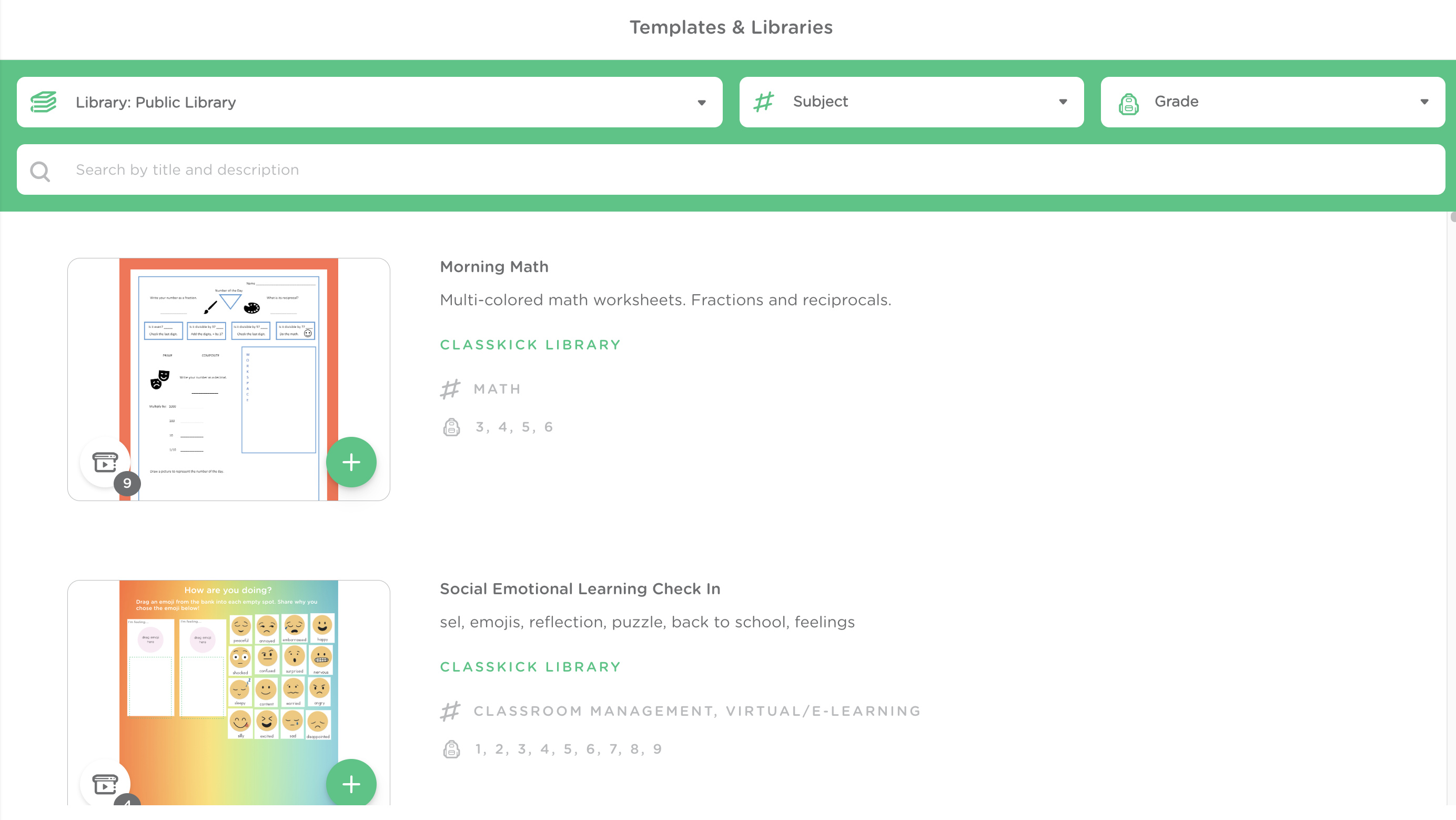 The assignment library page on Classkick.