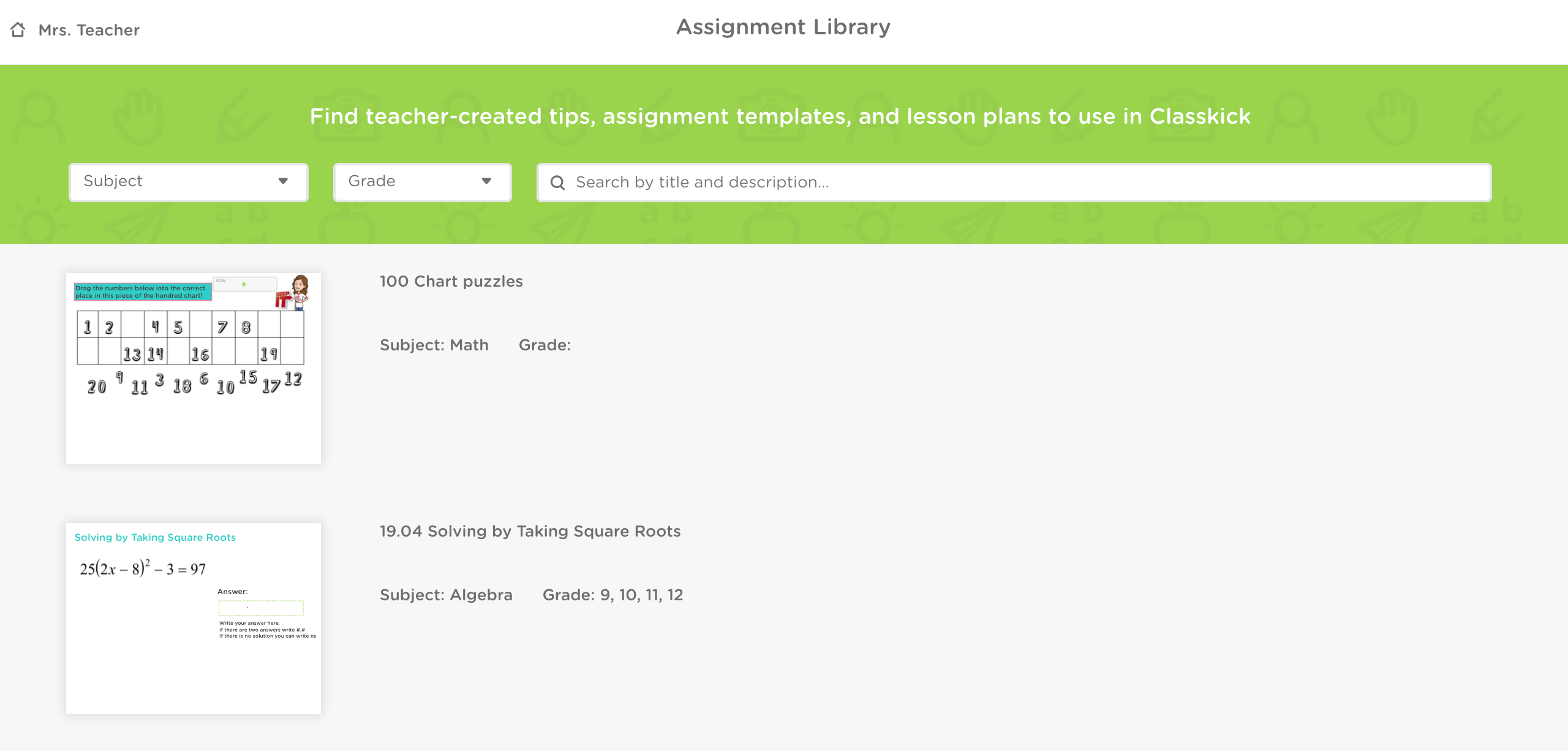 The assignment library page on Classkick.