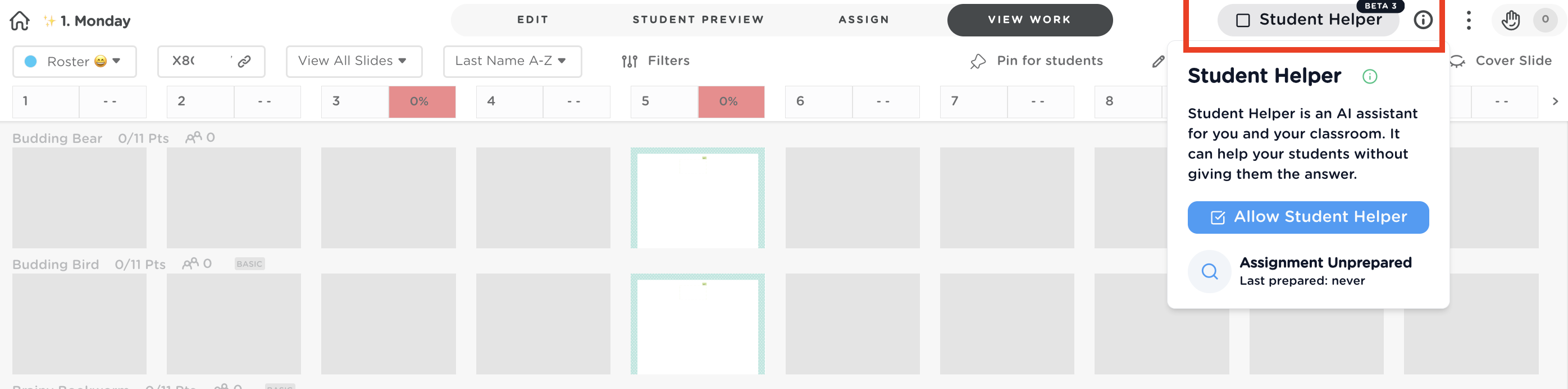 Assignment on View Work mode with the Student Helper button highlighted in the top-right corner;