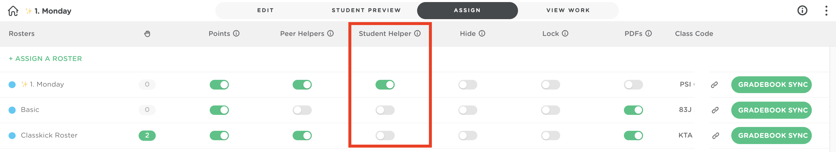 Assign page showing Student Helper toggle highlighted. One roster has it toggled on, two have it toggled off.