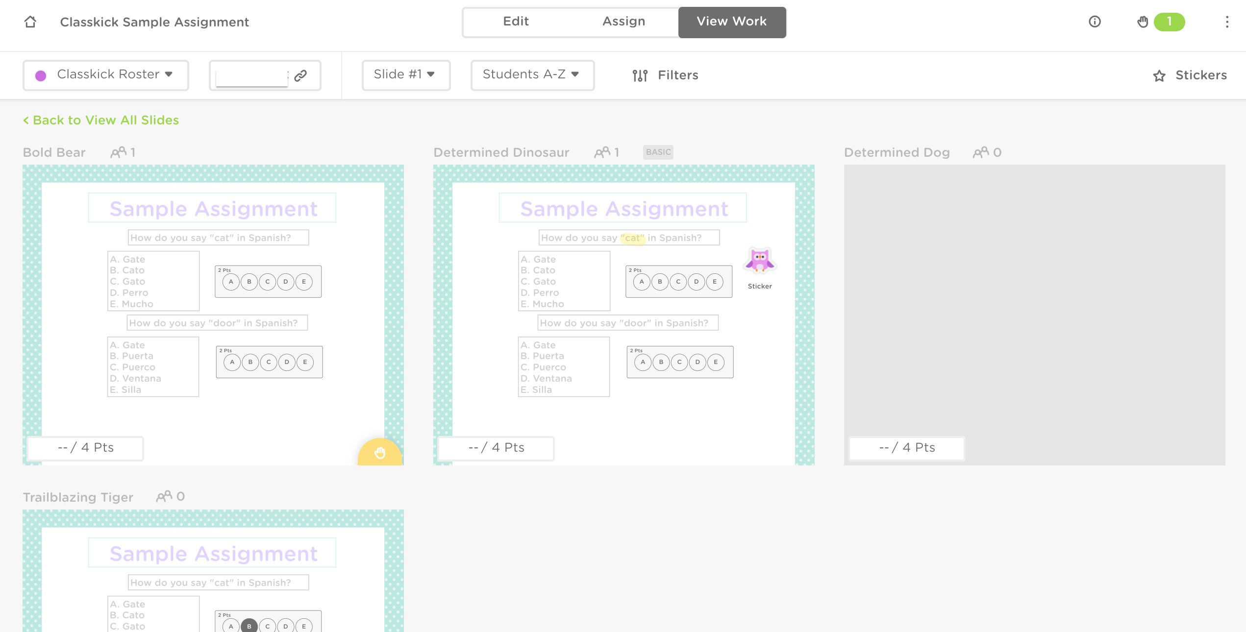The view individual slide dashboard for teachers.