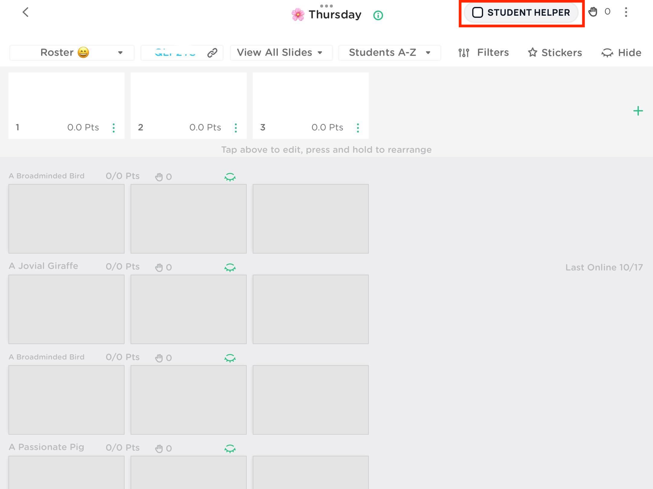 Screenshot of a Classkick roster on iOS with the “Student Helper” button highlighted at the top of the screen.