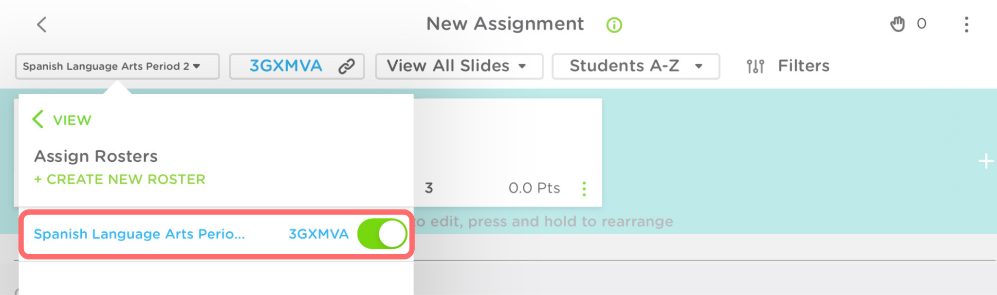 The assignment view on Classkick app. The roster and its six digit class code are outlined in red on the left hand side.