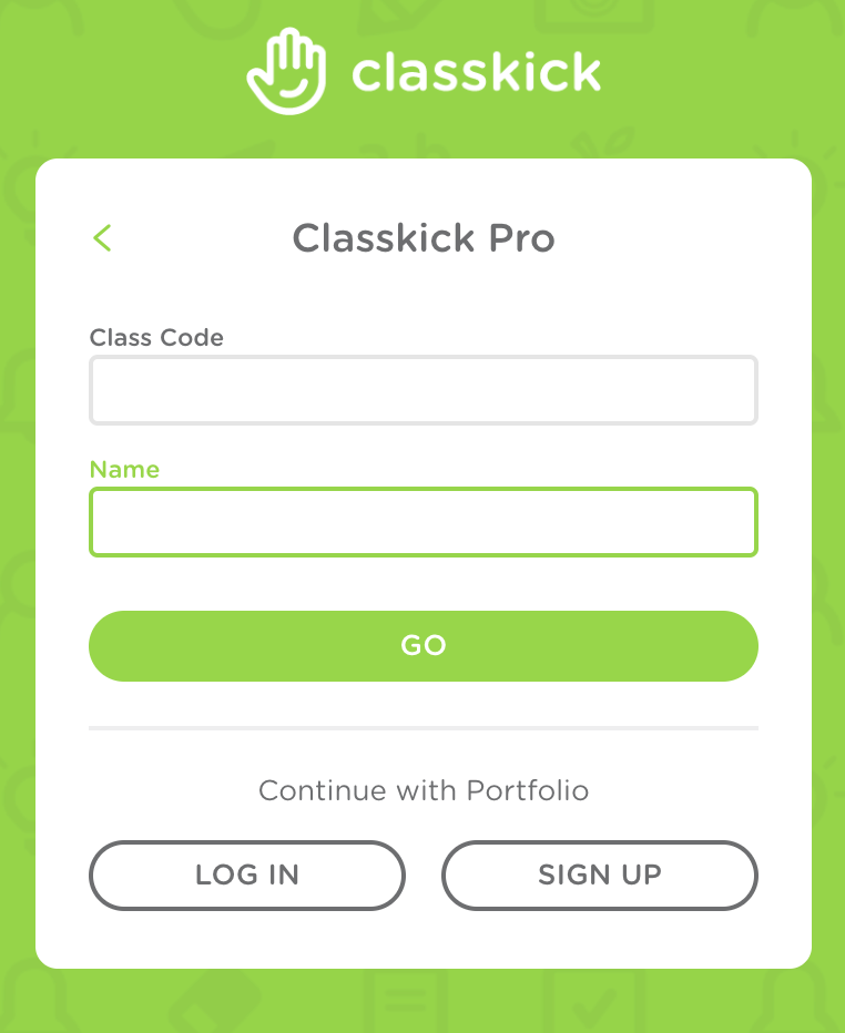 The Classkick log in screen. The Name box is shown underneath the Class Code box.