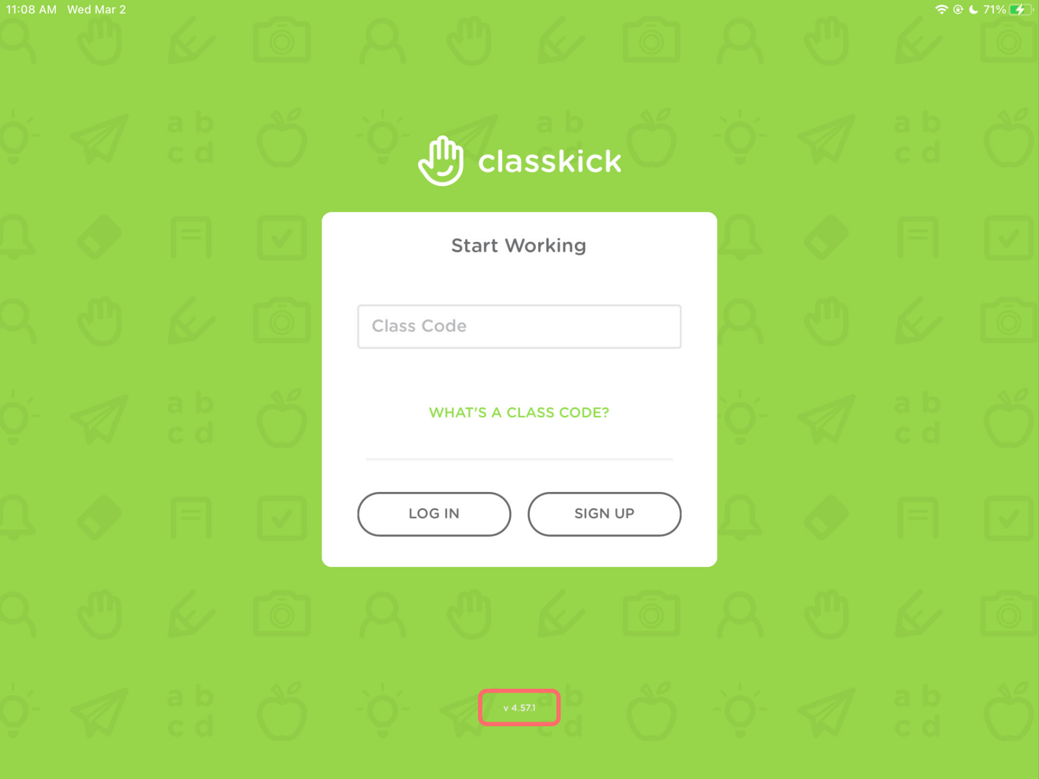 The login screen on the Classkick app. The Classkick app version number on the bottom of the screen is outlined in red.