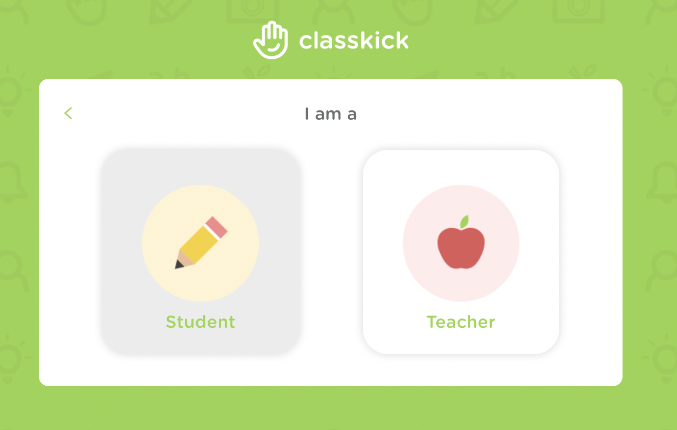 box with user selections. choices shown are student and teacher. student has been selected.