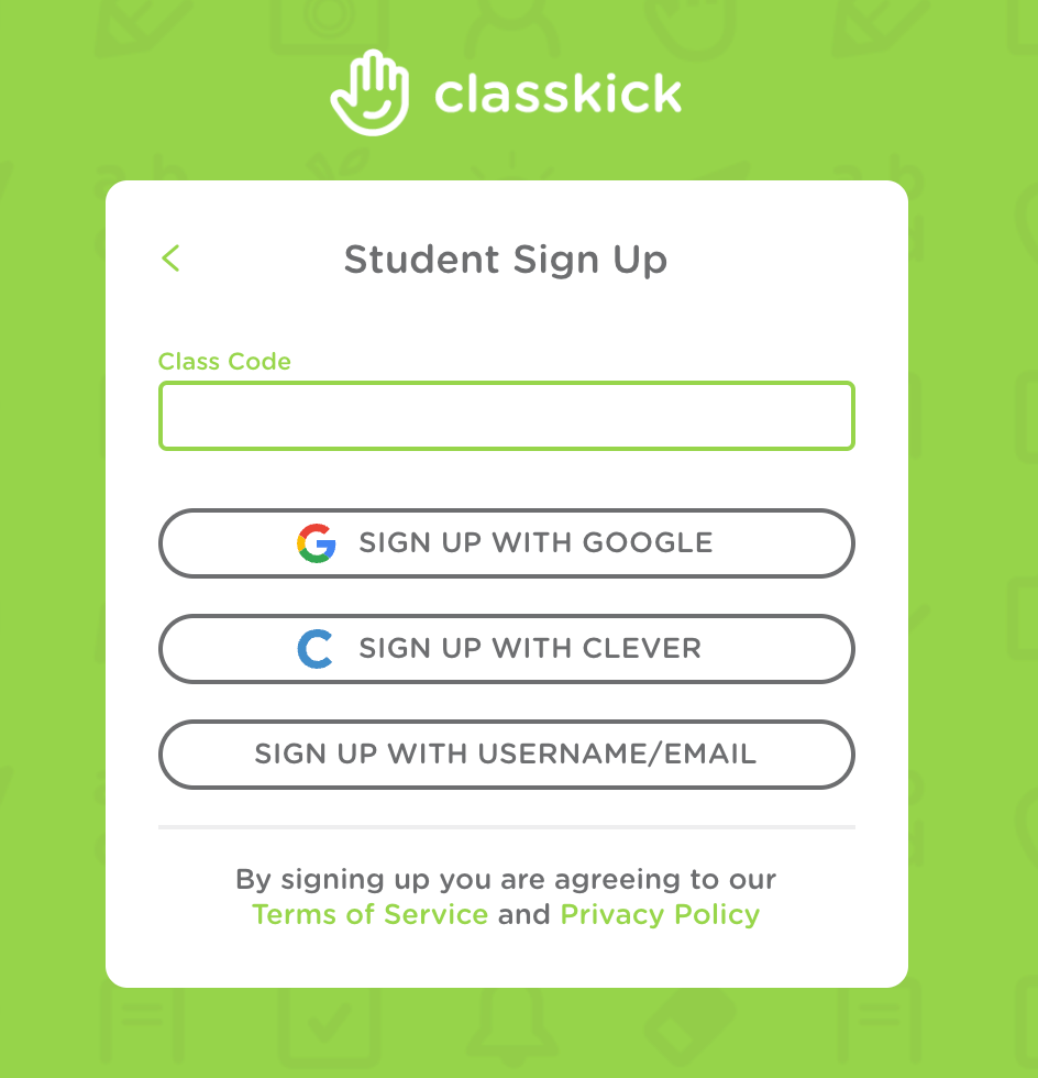 screen grab of student sign up box. three buttons display three different ways to sign up.