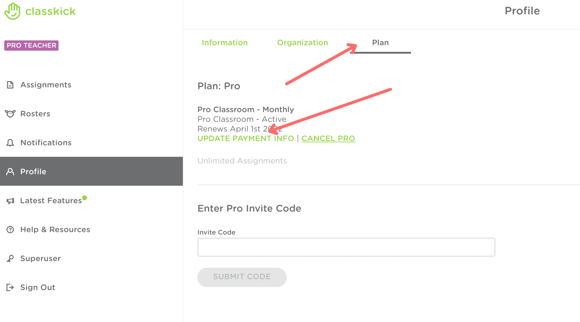 A red arrow points to Plan, underlined in gray, at the top of the page. Another red arrow points to update payment info within the page.