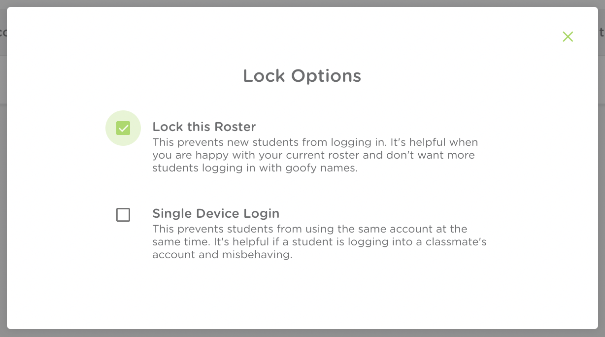 The lock options pop up window. The option to lock this roster is selected.