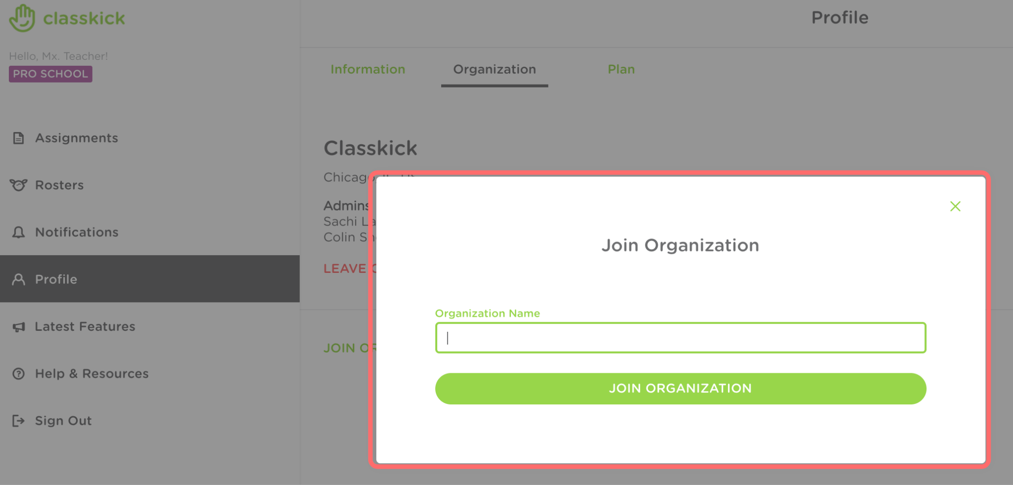 The Join Organization pop up window is outlined in red under the Profile and Organization tab.