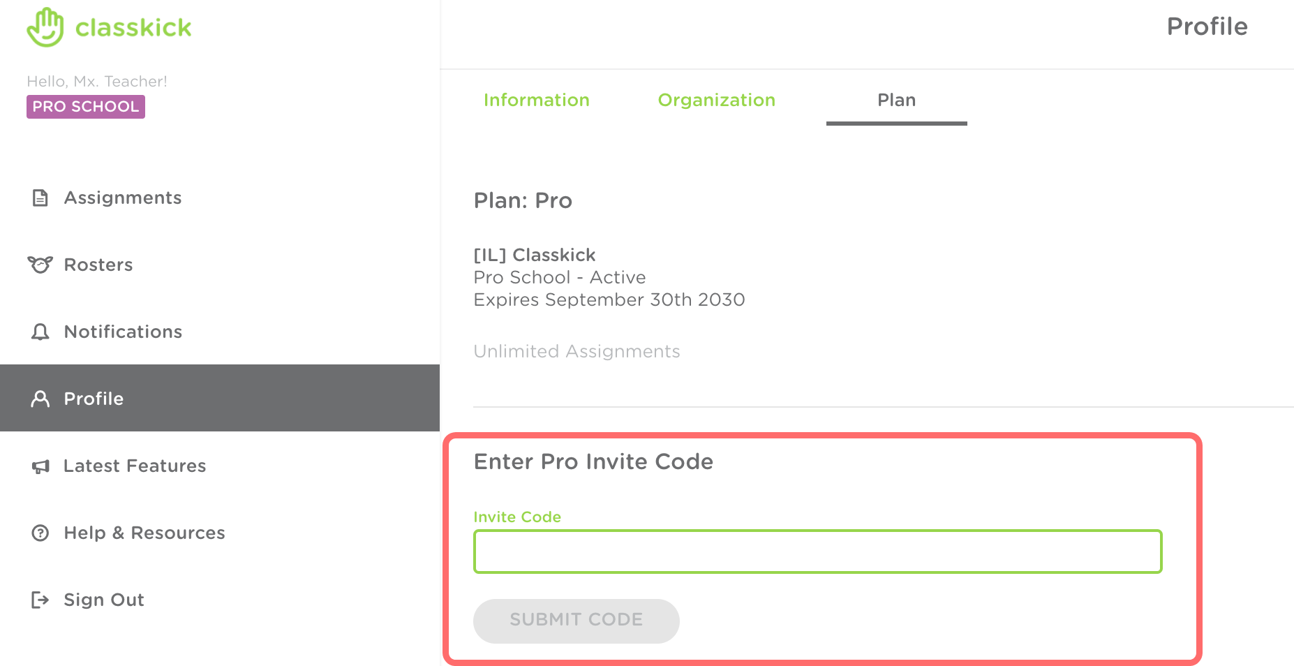 The Enter Pro Invite Code box is outlined in red under the Profile and Plan tab.