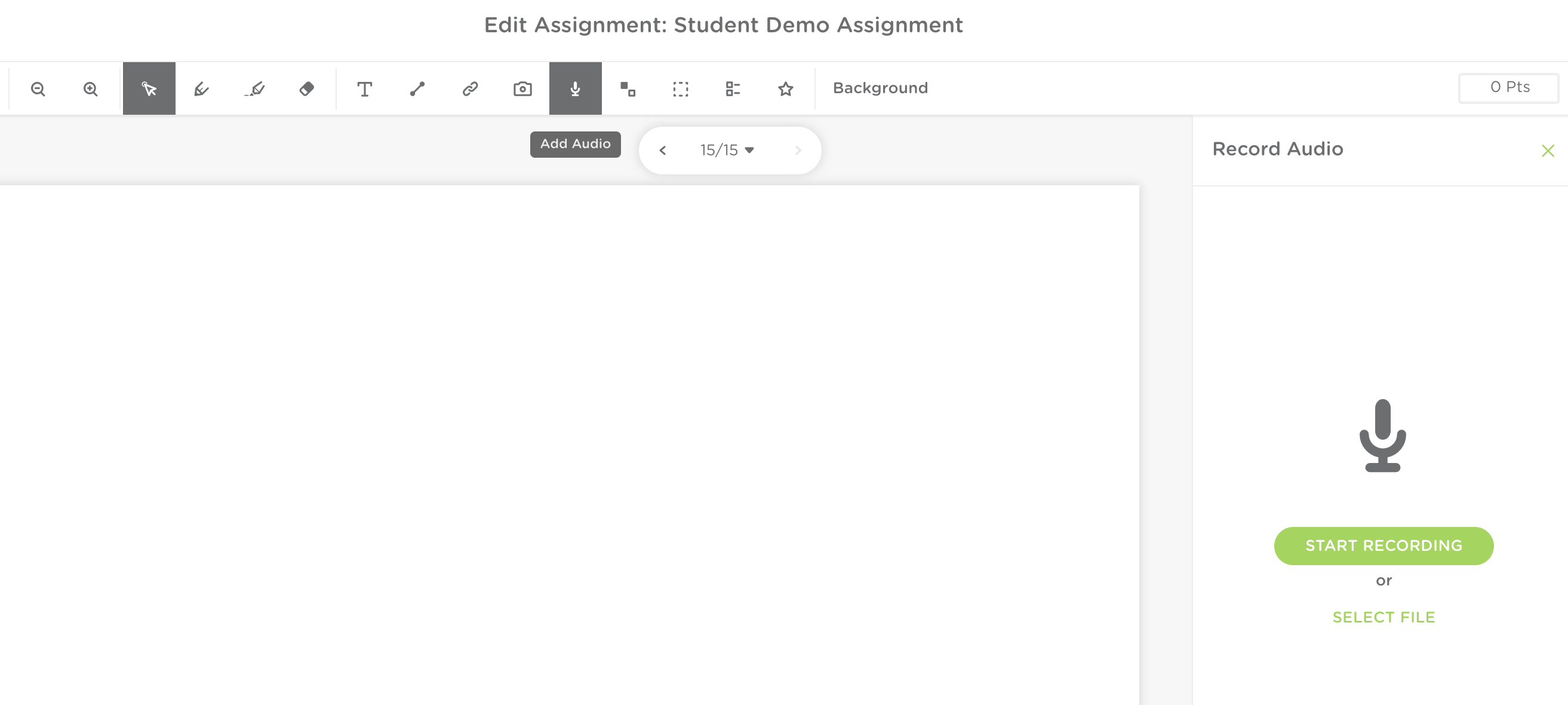 Screenshot of an assignment page. The add audio button is highlighted in gray at the top of the page. The add audio pop up window is displayed on the right hand side.