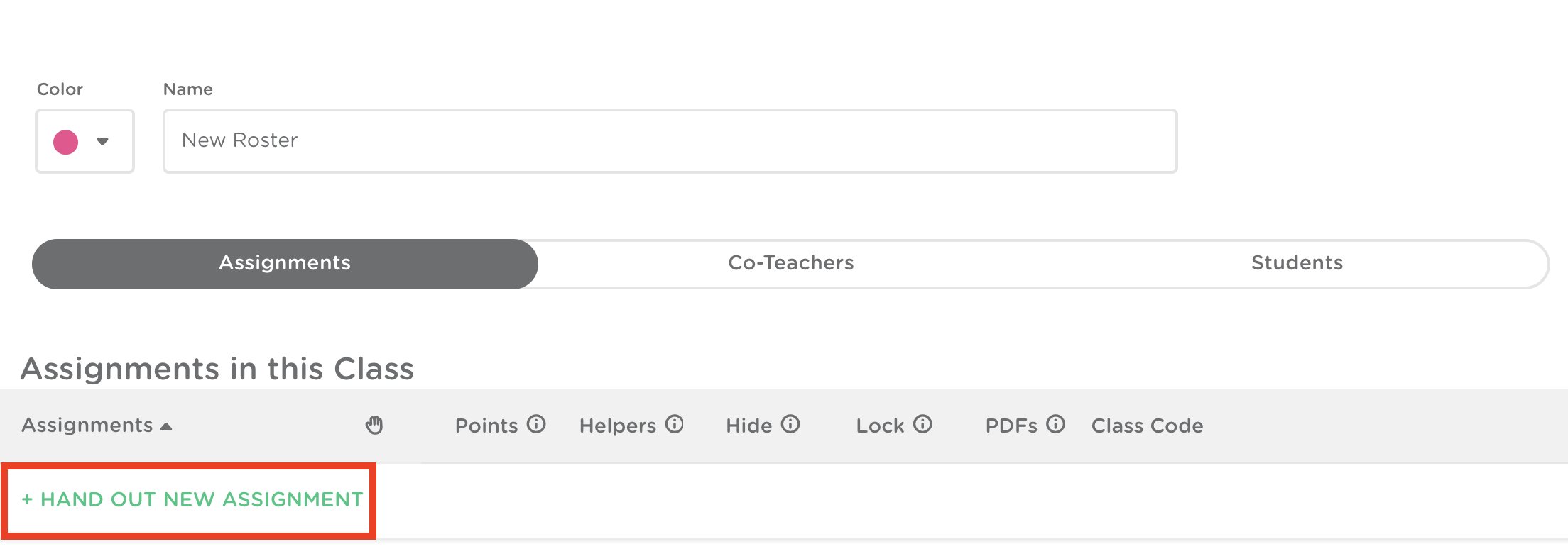 Roster page showing the ‘+ Hand Out New Assignment’ button.